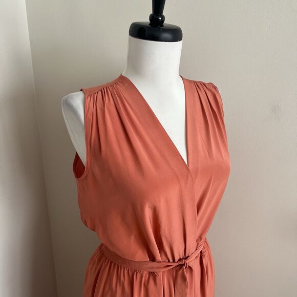 Vintage 90s Silk Midi Dress 8 Coral Fit & Flare Minimalist Wedding Office Retro - Picture 9 of 10
